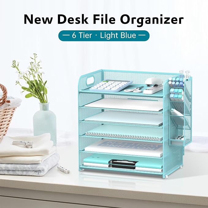 6 Tier Desk Organizer with 4 Pen Holders & Mesh Paper Trays Blue | 6 Tiers Paper Organizer, File Organizer Letter Tray with Handle for A4 Files, Folders, Mail and Office Supplies