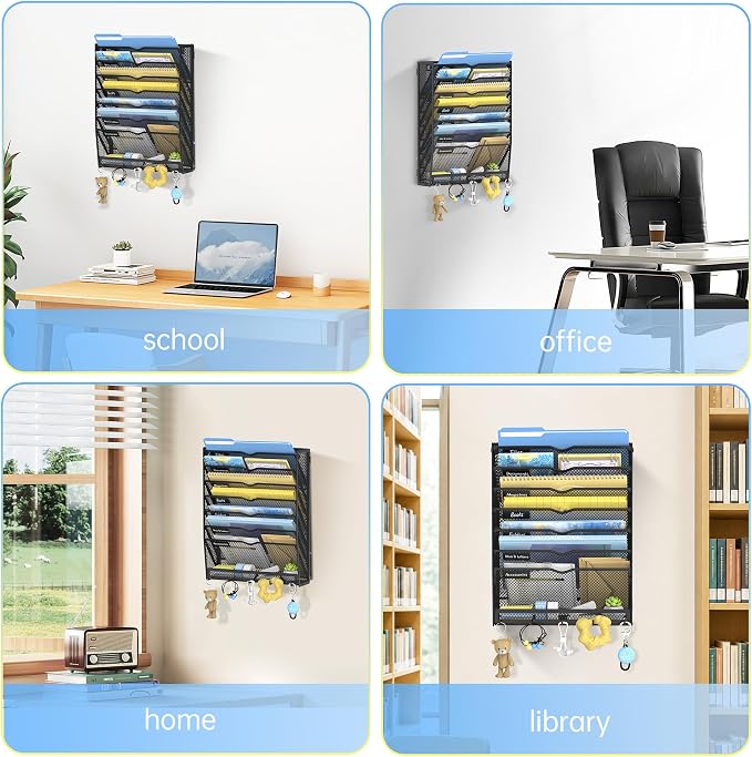 8-Tier Wall File Organizer with Hooks, Hanging File Organizer | Metal Mesh Mail Organizer, Wall Mounted File Organizer for Home, Classroom, Office Organization