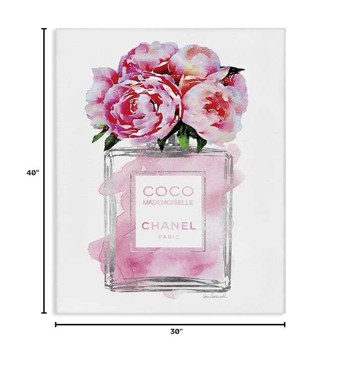 Stupell Industries Glam Perfume Bottle V2 Flower Silver Pink Peony XXL Stretched Canvas Wall Art, Proudly Made in USA