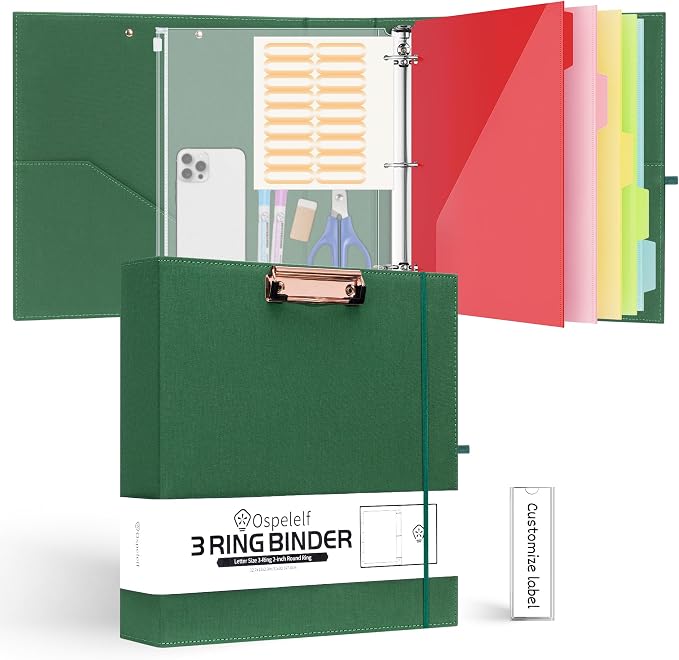 Ospelelf 2 Inch 3 Ring Binder Organizer with Zipper Pouch, Linen Storage Clipboards for Letter Size (11" x 8.5"), 5 Plastic Folders with 10 Pockets, Hardcover School Binder, Green