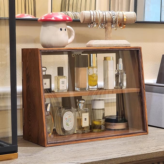 MOOCA Wood Glass Display Case with Double Doors, 2-Level Shelf, Brown | Brown wood-and-glass case with double doors and adjustable 2-level shelves displays collectibles, jewelry, or pastries.