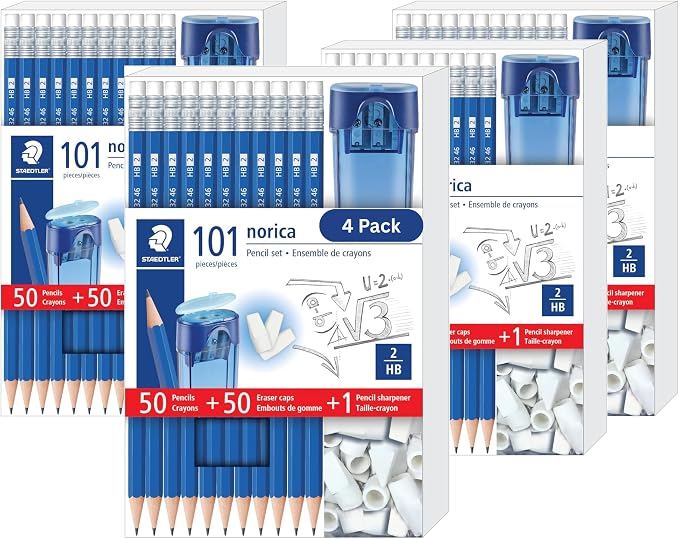 STAEDTLER Norica Pencil Set, 50 Pencils + 50 Eraser Caps + Sharpener 4 Pack