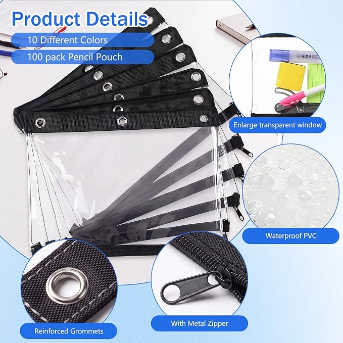 24 Pack Pencil Pouches for 3 Ring Binder Bulk Enlarge Clear Window Pencil Pouches Zipper Pen Case 3 Reinforced Grommet Pen Bag for Binder Utensil Organize Office Supplies(Black)