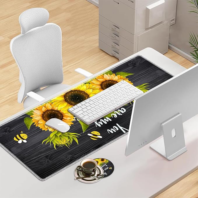 Desk Large Protective Mat, Smooth Surface Mousepad, Waterproof Non-Slip Desk Mat, 31.5x11.8 in Sewn Edge Office/Home Desk Mat, Sunflower