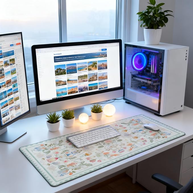 Sage Green Floral XXL Desk Mat - Cute Large Mouse Pad with Stitched Edges & Anti-Slip Base for Computer, Keyboard, Laptop | Aesthetic Office Supplies & Desk Decor for Women, Home, Office