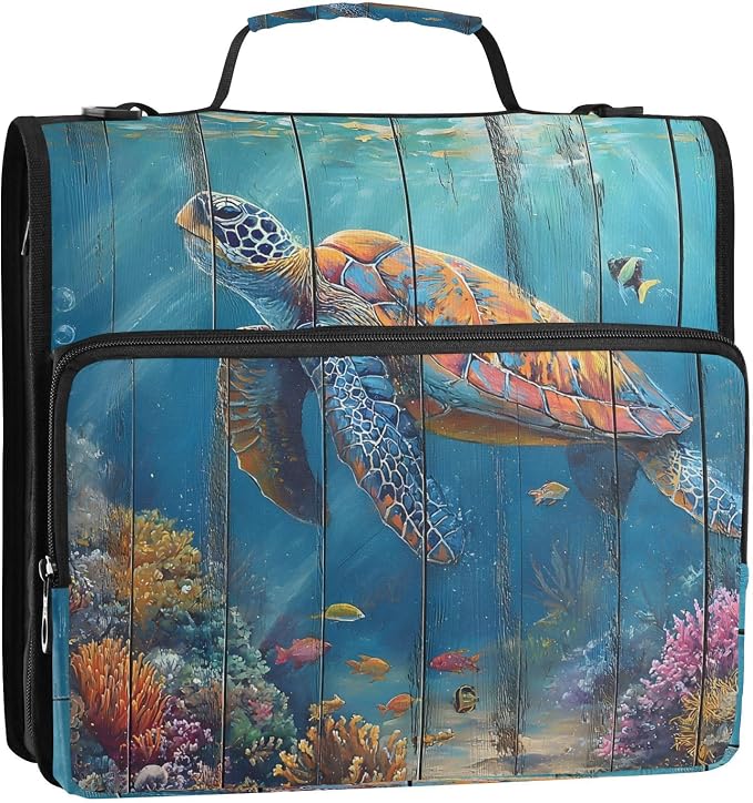 ALAZA Zipper Binder 3 Ring Turtle with Ocean Coral Binder Organizer with Zipper and Shoulder Strap Large Capacity Multi-Pocket Trapper Keeper File Folder for Office Supplies
