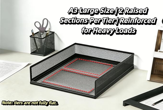 A3 Mesh Desk File Organizer, Stackable Paper Tray，Desktop Document Sorter, File Storage, 3/4/5-Tier Paper Letter Tray Organizer, Desk Accessories & Workspace, Black (3 Tier-Landscape-Black)