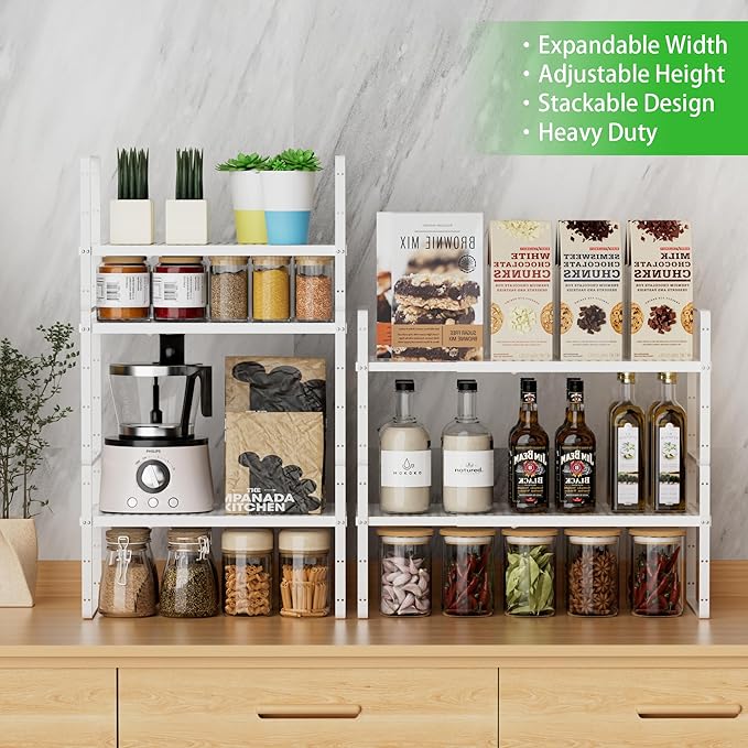 SOFRON Expandable Cabinet Storage Shelf Stackable Organizer Rack for Kitchen Bathroom Pantry Spice Cupboard Coffee Countertop Home Office Desk Heavy Duty Nonslip White Large 3 Packs
