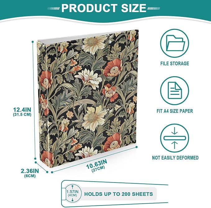 Vintage Sage Green Floral Binder 1.5 Inch Binder with Clipboard&Pockets, Retro Green Black Hardcover Binders 3 Ring, Heavy Duty Large File Folder for Office School Supplies - Holds 200 Sheets