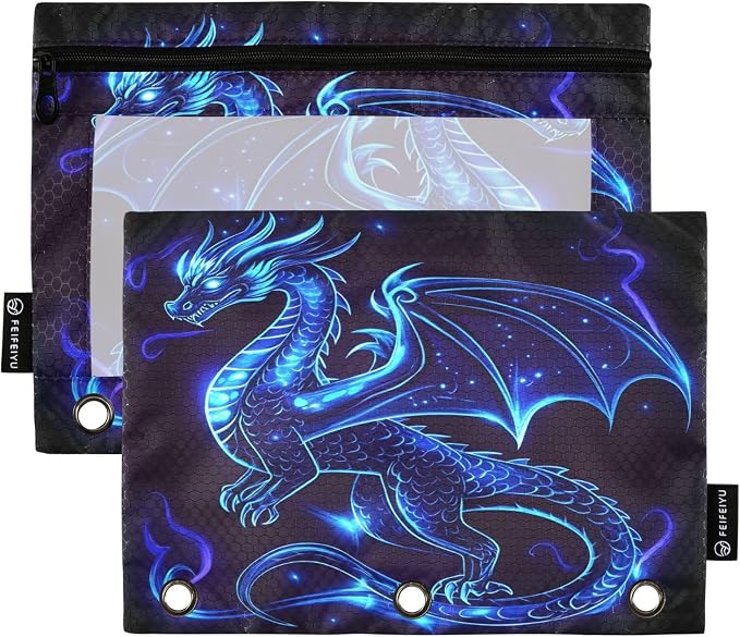 Dragon Blue Black Pencil Pouch for 3 Ring Binder, 2 Pack Waterproof Pencil Bags Clear Window Pencil Case Zipper School Office Supplies