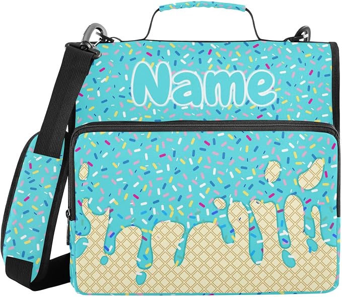 Custom Teal Blue Ice Cream Print 3 Ring Binder Bag 1.5 inch Personalized Name Binder Organizer 500 Sheet Documents Storage for School Office