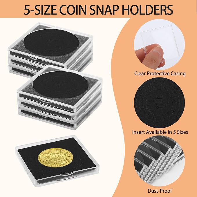 60 Pcs Clear Coin Collection Holders with 5-Size Sponge Gaskets | Plastic Coin Slabs & Coin Protectors for Silver Dollar Collectors Collection Supplies, (5 Diameters: 20/25/30/35/40mm), Black