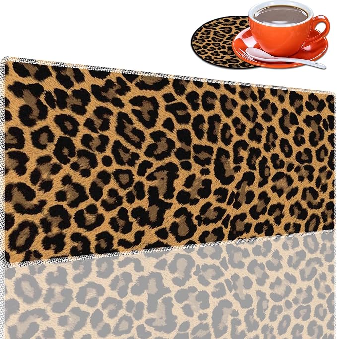 Personality Pattern Large Protective Desk Mat, Smooth Surface Soft Mousepad, Waterproof Non-Slip, 31.5 x 11.8 in Sewn Edge Office/Home, Leopard Print