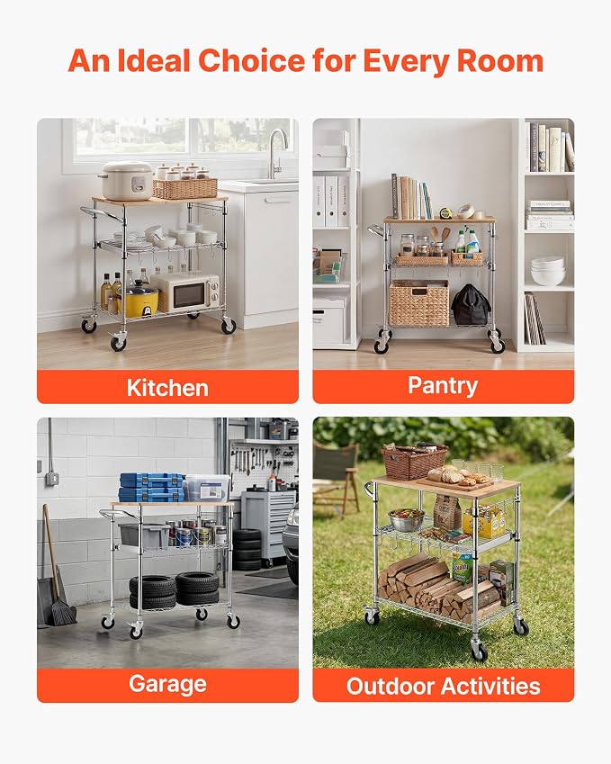 VEVOR Kitchen Utility Cart, 3-Tier Rolling Kitchen Cart with Wood Tabletop and Handle Bar, 661 lbs Capacity Heavy Duty Adjustable Wire Storage Rack, Steel Service Trolley on Wheels, 30 x 18 x 36 in