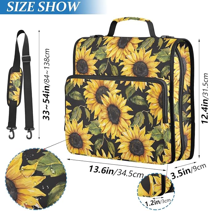 Bright Vintage Sunflower Zipper Binder with Shoulder Strap Bag 3 Ring Binder Organizer Large Capacity Multiple Compartments for School Office