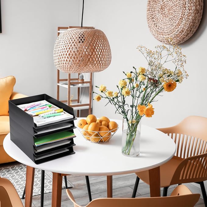 20 Pcs Stackable Paper Trays Rectangular Plastic Desk Holder Desktop Document File Organizer Storage Letter for Back to School Office Classroom (Black)