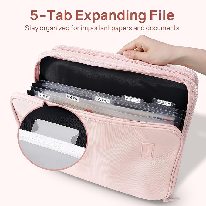 SUNEE Zippered Binder Bag with Handle, 2-Inch 3-Ring O-Ring, 500-Sheet Capacity, Includes Zip Pocket, 5-Tab Expanding File Folder, Multi-Pocket Organizer Binder for Middle School, Pink Lotus