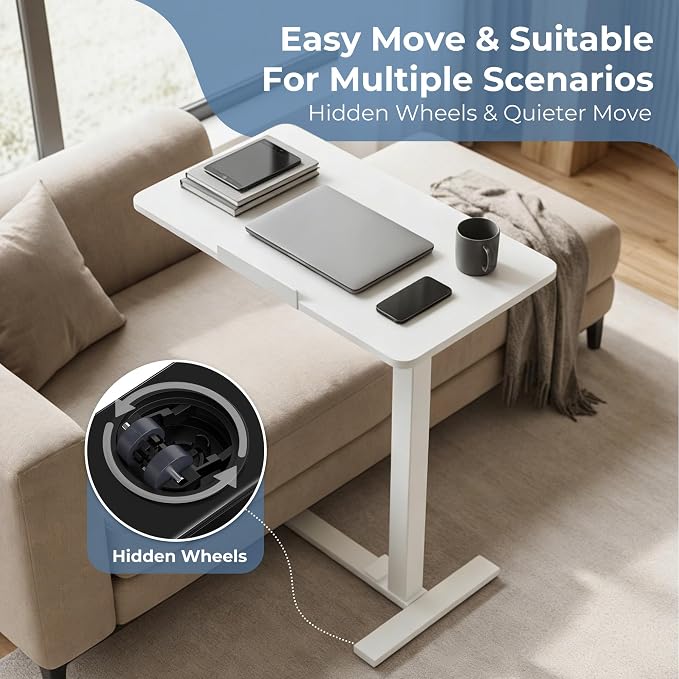 DUMOS Adjustable Rolling Desk, Standing Desks, Overbed Table | Mobile Hidden Wheels, Portable Laptop Computer Workstation, Bed Sofa Couch Use, Milk