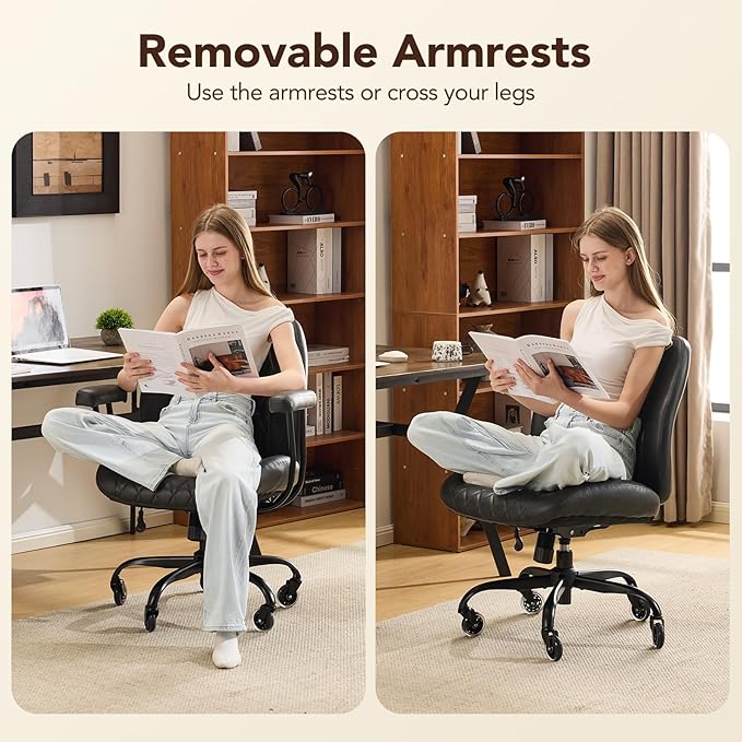 YFO Home Office Desk Chair Office Rubber Casters Ergonomic Computer Chair with Lumbar Support Adjustable Height Rolling Swivel Executive Task Armrests Chair， Black PU