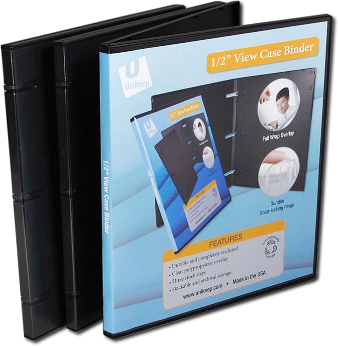 UniKeep 3 Ring View Binder - Binder Case is Fully Enclosed - Available in White, Clear, or Black and in Different Spine Sizes (Pack of 3, Black, 0.5 Inch)