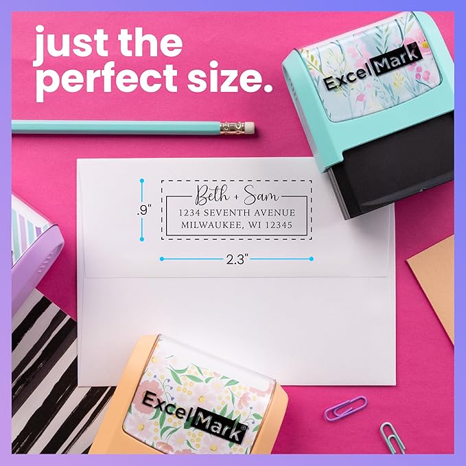 ExcelMark Address Stamp - Custom Return Address Stamp with Elegant Designs, Vibrant Colors & Patterns – Perfect for Mail, Invitations & Gifts (Peach Mount, Signature Frame)