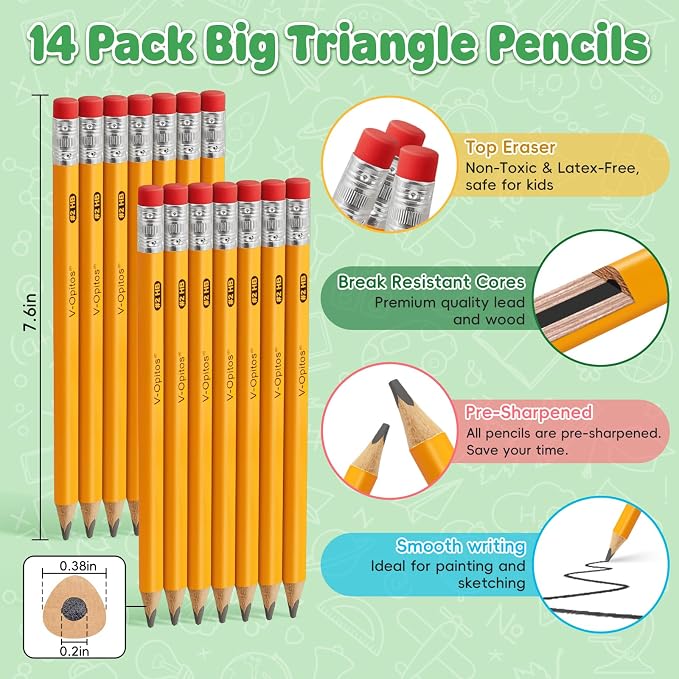 V-Opitos 28 Pack Jumbo #2 HB Pencils for Kids, Triangle Shape Pre-sharpened Wood-Cased Pencil with Top Eraser, Toddler First Pencils, Ideal Home, Kindergartens, School Classroom Supplies