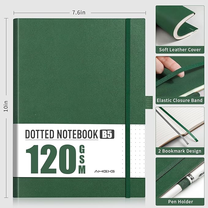 AHGXG Bullet Dotted Journal - Dot Grid Notebook Journal, 120 GSM Thick Acid-Free Paper, Large B5 Dotted Notebook 96 Pages, Leather Softcover, Inner Pocket, Journal Stencil, 7.6'' X 10'' - Green