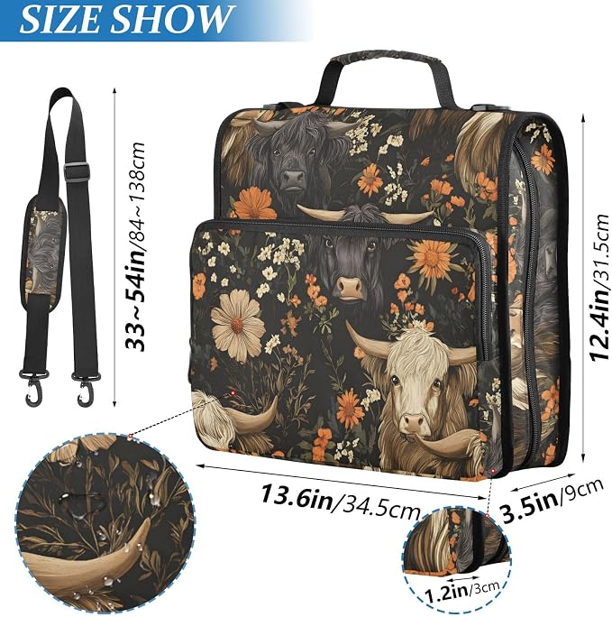 ALAZA Zipper Binder 3 Ring Dark Highland Cows Vintage Binder Organizer with Zipper and Shoulder Strap Large Capacity Multi-Pocket Trapper Keeper File Folder for Office Supplies