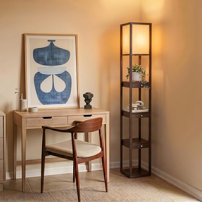 Brightech Maxwell Drawer Edition - Modern Shelf Floor Lamp with Drawer - Corner Display Floor Lamps with Shelves for Living Room, Bedroom and Office - Havana Brown