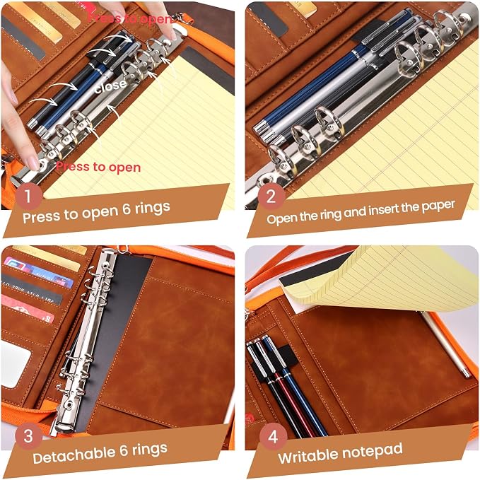 A5 Binder 6 Ring with Zipper, Portable Planner for Travel & Study | Faux leather A5 planner with detachable 6 rings, lined pages, pouches, card slots and pen holder for daily use.