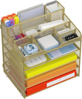 Docnest 5 Tier Mesh Desk Organizer with Letter Tray & Paper Sorter, Gold | Features 3 built-in pen holders & 5 adjustable compartments on top. Includes 4 non-slip rubber feet for desk protection