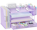 gianotter Wood Desk Organizers and Accessories with File Holder, 4-Tier Desk Accessories & Workspace Organizers with Drawer and 2 Pen Holder, Desk Reference Organizer (Purple, 4T with Metal Drawer)