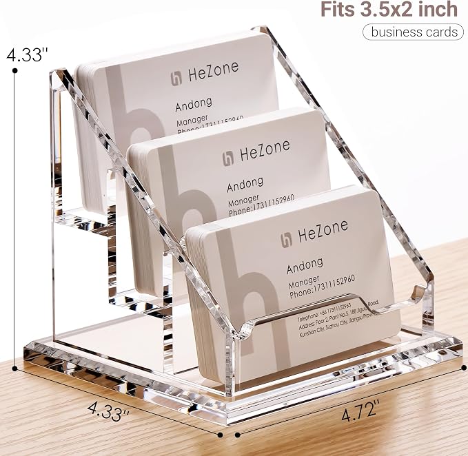 HeZone Acrylic Card Holder Clear Horizontal Business Card Organizer Stand for Desk 3 Slots 3 Tier Business Cards Stand for Women and Men,Office Desk Accessories,Organize 150 Cards-1 Pack(3 Slots-H)