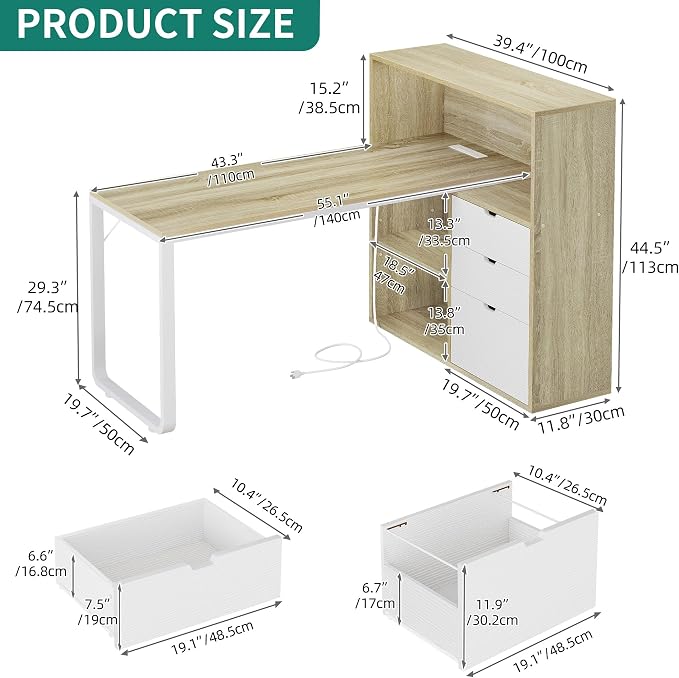 YITAHOME 55" L Shaped Corner Computer Desk with Drawers & Power, White Oak | Corner Desk with Drawers, Bookshelf, L Shaped Desk with Power Outlets, LED Lights, File Cabinet, for Home Office