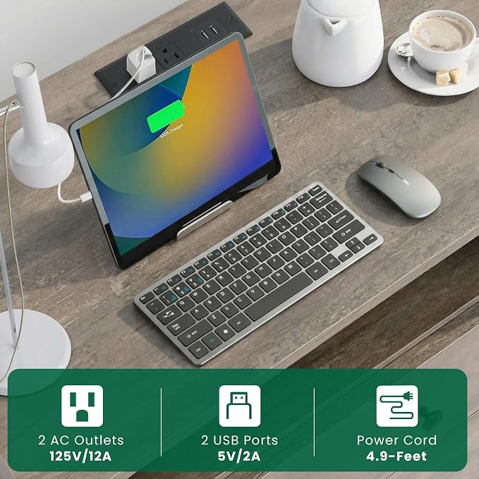 27 Inch LED Nightstand with Charging Station, 2 Drawers, Gray | RGB App Control, 2 AC Outlets & 2 USB Ports, Open Storage, Adjustable Feet, Wood Tall Nightstand for Bedroom or Office