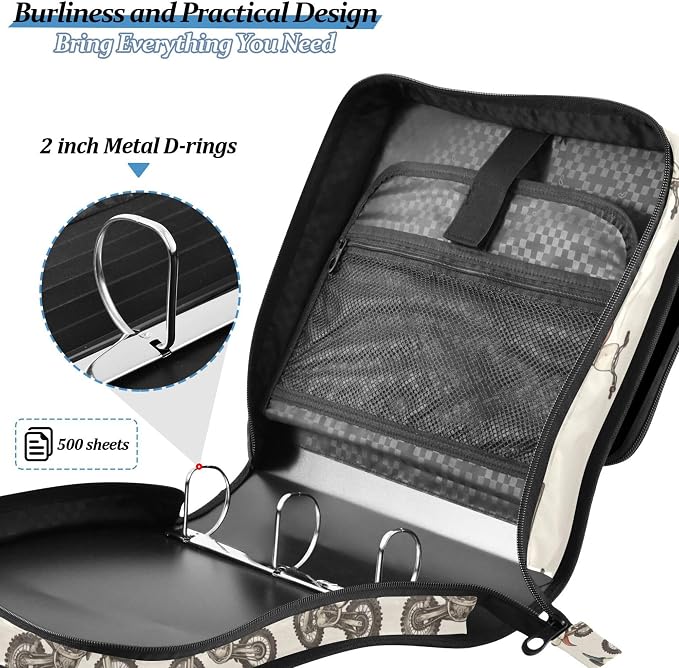 Fisyme Vintage Dirt Bikes Zipper Binder 3 Ring with Zipper and Shoulder Strap Large Capacity Multi-Pocket Binder Organizer