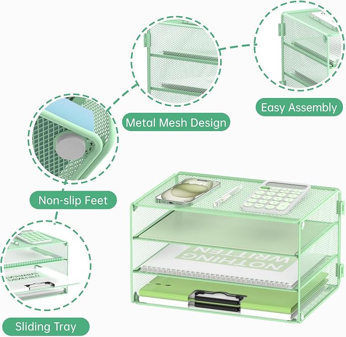 DALTACK 3 Tier Letter Tray Paper Organizer with Sliding Trays Mint Green | Metal Mesh File Organizer with Sliding Trays for Letter and A4 Paper, Mail, Bills, Folders and Office Documents