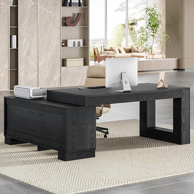 LITTLE TREE L Shaped Executive Desk, Large 63" Executive Desk with File Cabinet, Modern L Shaped Desk, Corner Computer Desk for Home Office & Business Furniture Workstation, Black