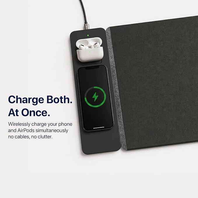 Wireless Charging Desk Mat, Detachable MagSafe & Qi Mouse Pad with Hidden Storage Pocket, 4-in-1 Charges iPhone, Android, AirPods & Wireless Earbuds, Vegan Leather, XL 30.7"x14.6", Black