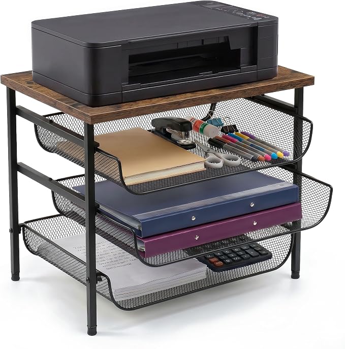 4-Tier Printer Stand for Desk with Storage Drawer Wooden Top Printer Shelf Metal Desktop Organizer Paper Organizer Printer Table for Home Office Accessories Black