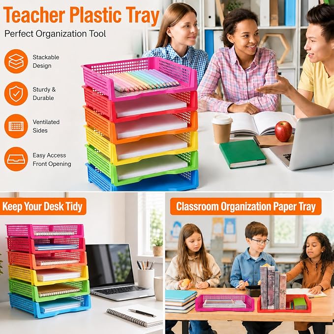 ZZYFGH 6 Pack Turn in Trays Classroom, Colorful Turn in Trays for Teachers, Plastic Classroom Paper Organizers, Stackable Tray for Classroom, Library, Drawers, Office Desk(13.4 * 9.5 * 2.7in)