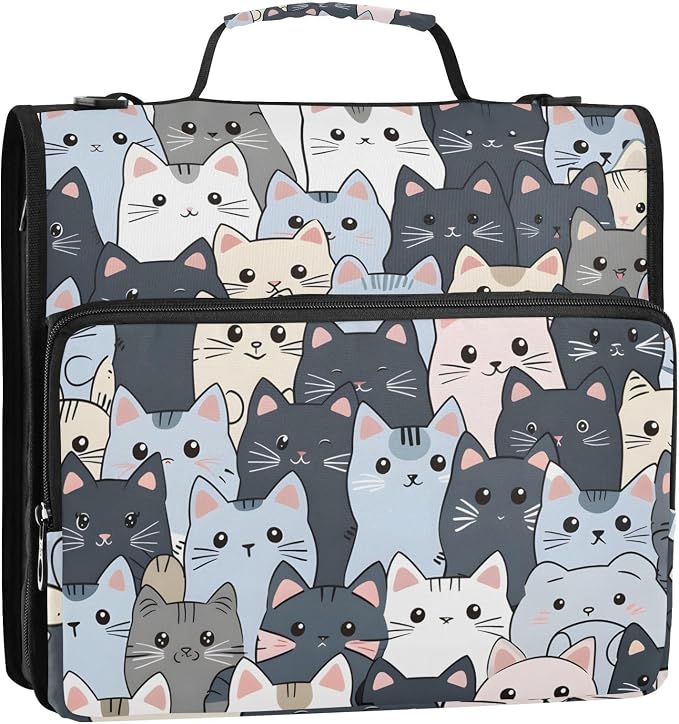 3 Ring Zipper Binder with Shoulder Strap Cat Cute Blue 1.5 inch Binders Keeper Large Capacity Multi Pockets for School Office Supplies