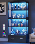 67" Display Cabinet with Glass Doors and 2 Drawers | Black | RGB LED Lights, Pop-Up Glass Doors, Adjustable Shelves, Anti-Tip Design