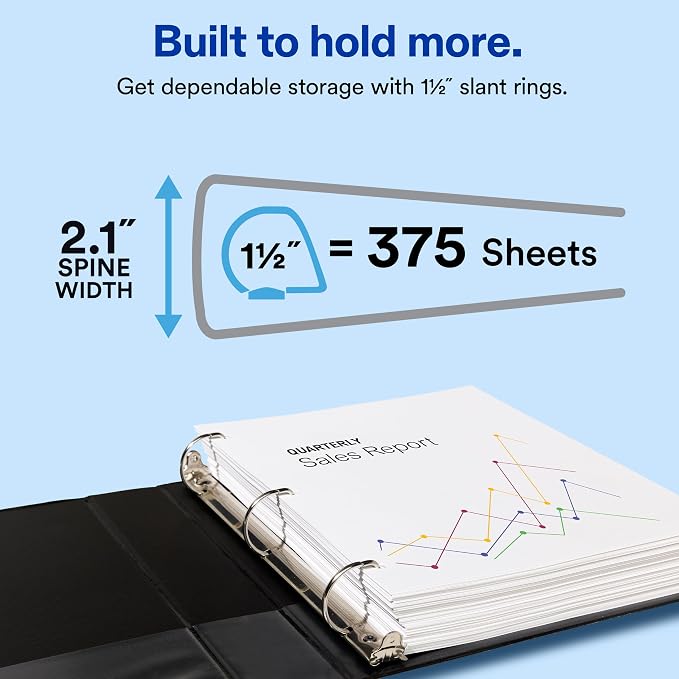Avery Showcase 3 Ring Binder, 1.5" Slant Rings, 1 White Binder | For School, Home and Everyday Use, Clear View Covers, Interior Storage Pockets, Nonstick PVC-Free Material, Lay-Flat Pages