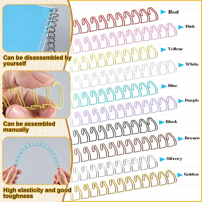 100 Pcs Metal Double Loop Binding Wires 1/2 Bulk Cinch Binding Wires Double Spiral Ring Coil 10 Colors Twin Spines Combs 21 Holes 2: 1 Pitch Cinch Coil Machine Wire