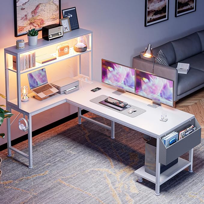 L Shaped Gaming Desk with LED Lights & Power Outlets | Reversible Computer Desk with Storage Shelves & Bag, Large Corner Home Office Desk with Pegboard for Work from Home, White