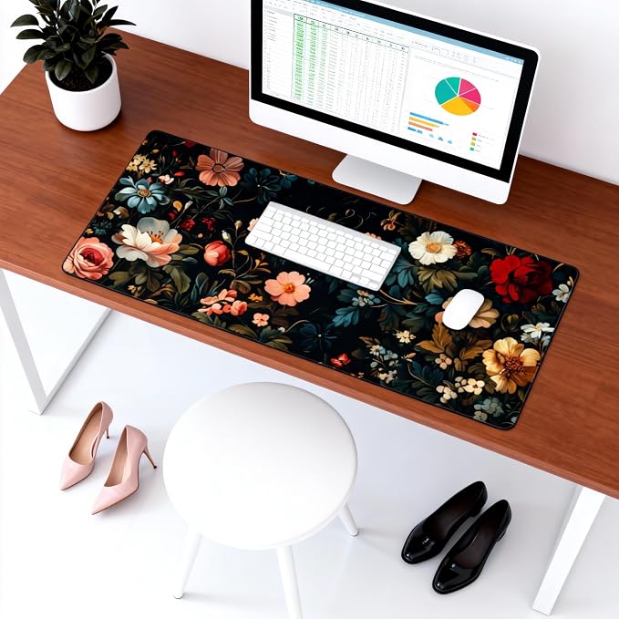Floral Aesthetic Rose Gaming Mouse Pad, Black Dark Botanical Desk Mat with Anti-Slip Base & Stitched Edges, Office & Home Desk Decor for Women, 35.4" x 15.7" in Computer Desktop Mat