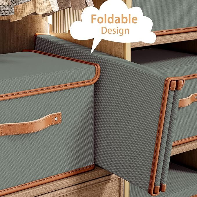 Tuza 2 Pack Storage Bins with Lids, Collapsible Closet Organizer Container, Fabric Organizer Box with Handles, Decorative Storage Boxes with Lids for Organizing Clothes, Blanket, Grey, Extra Large