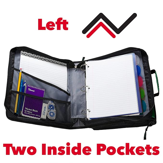 Case-it Zipper Binder | Dual 1.5" D-Rings | 500-Sheet | Z-176 Jet Black | Z Shape, Two Binders in One, Double-Sided, Multiple Pockets, Shoulder Strap, School & Office