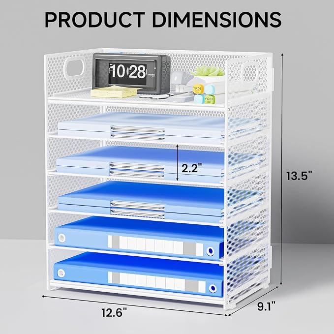 Paper Organizer for Desk with Handle, 6-Tier | Metal Mesh File Organizer, Stackable Letter Tray for Office Documents & Stationery Storage